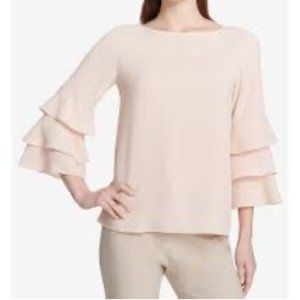 Calvin Klein Womens Size Large Blouse Pale Pink Tiered Bell Sleeve Round Neck